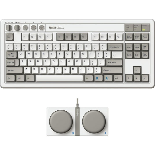 8bitdo retro mechanical keyboard m edition (grijs, us lay-out (qwerty), kailh box white, 80% (tkl), bluetooth low energy, wireless 2.4g, usb)