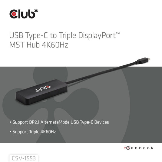 Club 3d usb-c naar 3x displayport hub (zwart)