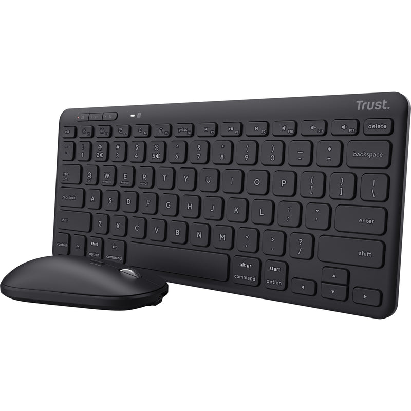 Afbeelding laden in galerijviewer, Trust lyra multi-device wireless keyboard mouse desktopset (zwart, us lay-out (qwerty), scissor switches, 65%, 800 - 1.600 dpi, 2,4 ghz usb, bluetooth)
