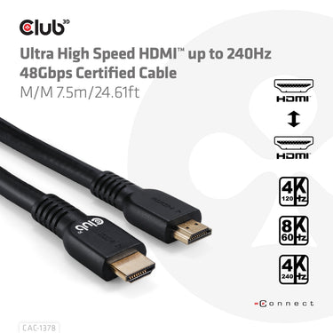 Club 3d ultra high speed hdmi certified kabel (zwart, 7,5 meter, 4k120 hz, 8k60 hz)