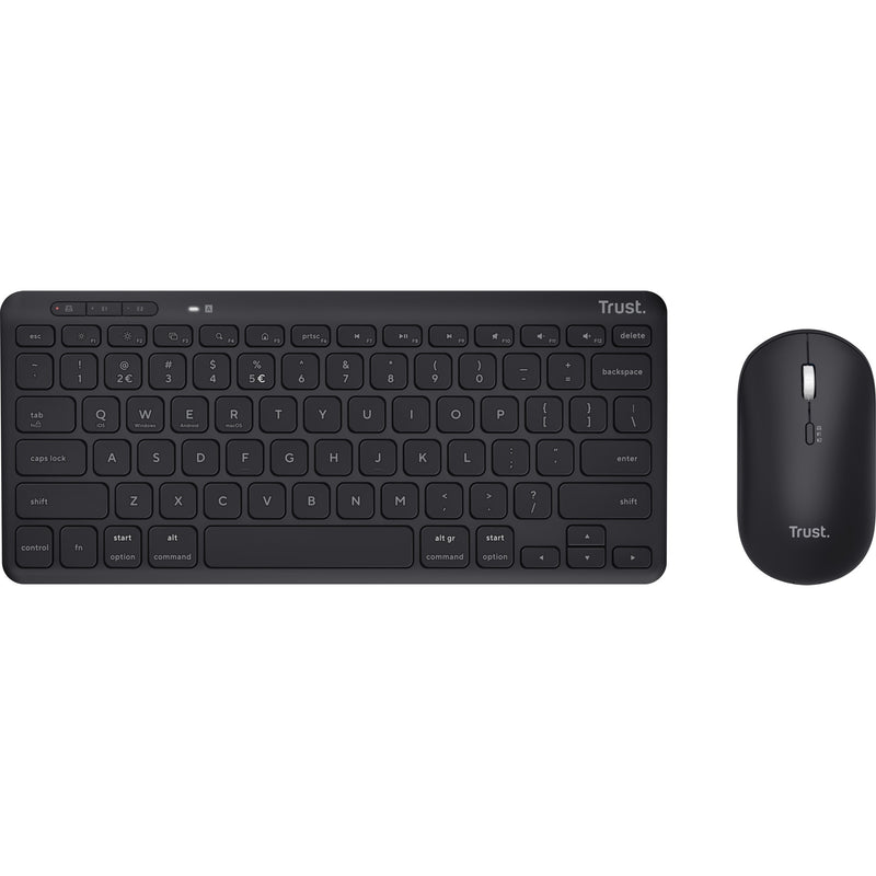 Afbeelding laden in galerijviewer, Trust lyra multi-device wireless keyboard mouse desktopset (zwart, us lay-out (qwerty), scissor switches, 65%, 800 - 1.600 dpi, 2,4 ghz usb, bluetooth)

