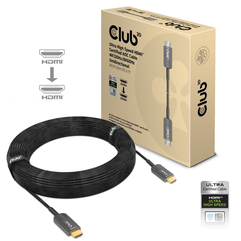 Afbeelding laden in galerijviewer, Club 3d ultra high speed aoc hdmi 2.1 gecertificeerde unidirectioneel kabel male-male (zwart, 20 meter, 4k 120hz, 8k 60hz, 48gbps)
