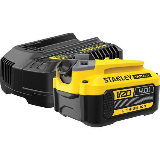 Stanley fatmax v20 18v startkit oplader (geel zwart, oplader (2a) en accu (4.0ah) inbegrepen)