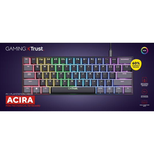 Trust gxt 867 acira 60% mini mechanisch gaming toetsenbord (zwart, us lay-out (qwerty), outemu red, 60%, rgb)
