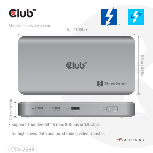 Club 3d 5-1 thunderbolt 5 hub triple video dockingstation (grijs)
