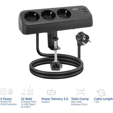 Act connectivity stekkerdoos met 3 type-f stopcontacten stekkerdoos (zwart, 30w power delivery, usb type-c a poorten)