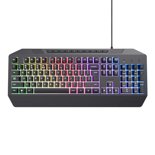 Trust gxt 836 evocx rgb gaming toetsenbord (zwart, us lay-out (qwerty), membraan, 100%, rgb)