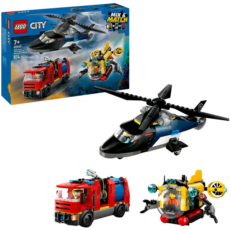Afbeelding laden in galerijviewer, Lego city - helikopter, brandweerauto en onderzeeër remix constructiespeelgoed (60462 | set van 3 modulaire voertuigen)

