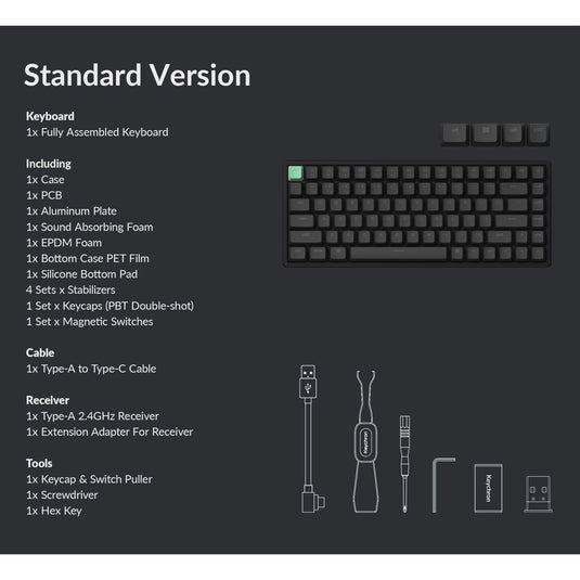 Keychron k2 he-j1 standard version rgb mechanisch toetsenbord (zwart, us lay-out (qwerty), gateron double-rail magnetic nebula, 75%, rgb, osa double-shot pbt, hot swap, 2.4ghz | bluetooth 5.2 | usb-c)