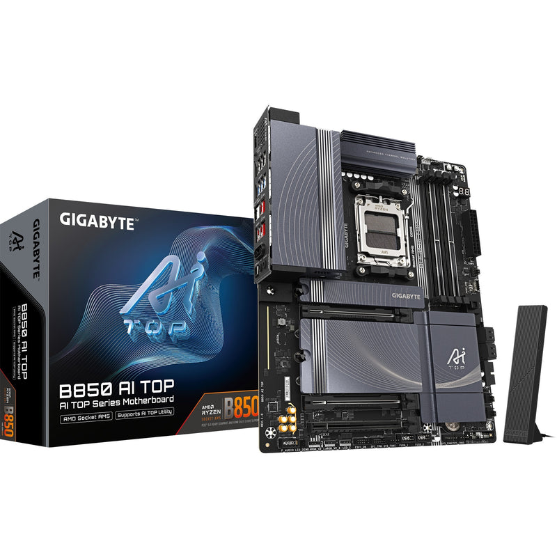 Afbeelding laden in galerijviewer, Gigabyte b850 ai top socket am5 moederbord (zwart grijs, raid, 2x 10 gb-lan, wi-fi 7, bt, sound, atx)
