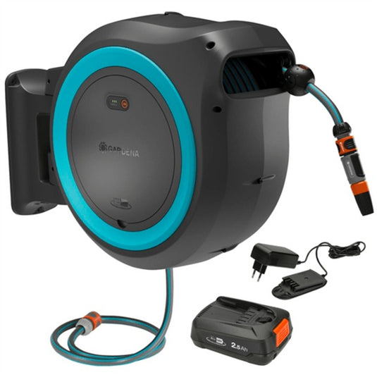 Gardena 35 m wand-slangenbox powerroll xl slanghaspel (grijs turquoise, 35 meter, accu en oplader inbegrepen, power for all alliance)
