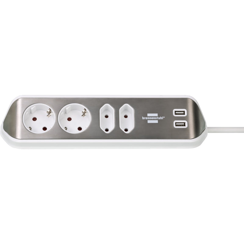 Afbeelding laden in galerijviewer, Brennenstuhl ®estilo hoekaansluitdoosstrook met usb laadfunctie 4-weg 2x beschermende contactdozen 2x euro zilver wit
