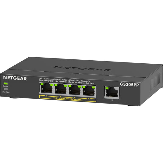Netgear 5-port gigabit ethernet poe+ unmanaged switch (gs305pp) (zwart)