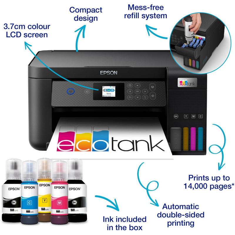 Afbeelding laden in galerijviewer, Epson ecotank et-2850 a4 multifunctionele wi-fi-printer met inkttank all-in-one inkjetprinter (zwart, scannen, kopiëren, wi-fi, inclusief tot 3 jaar inkt)
