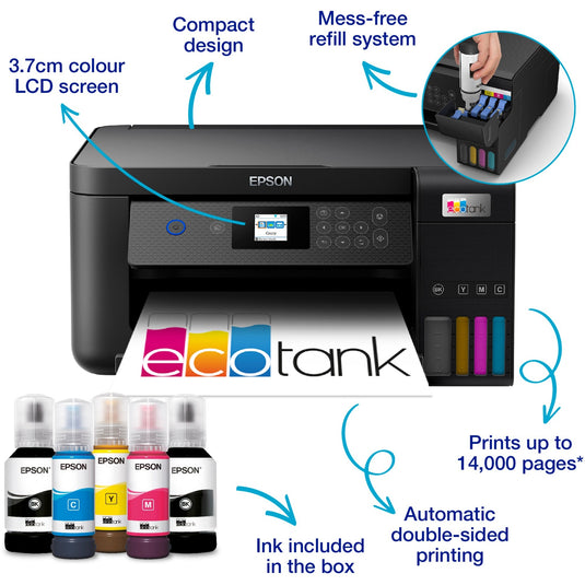 Epson ecotank et-2850 a4 multifunctionele wi-fi-printer met inkttank all-in-one inkjetprinter (zwart, scannen, kopiëren, wi-fi, inclusief tot 3 jaar inkt)