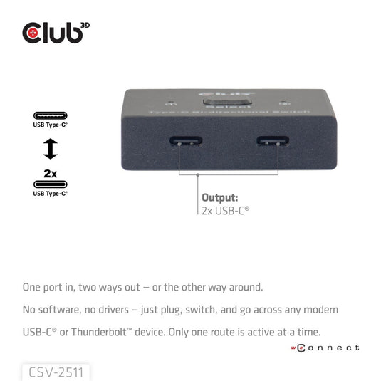Club 3d usb-c bi-directional video + data + pd switch usb-switch (zwart)