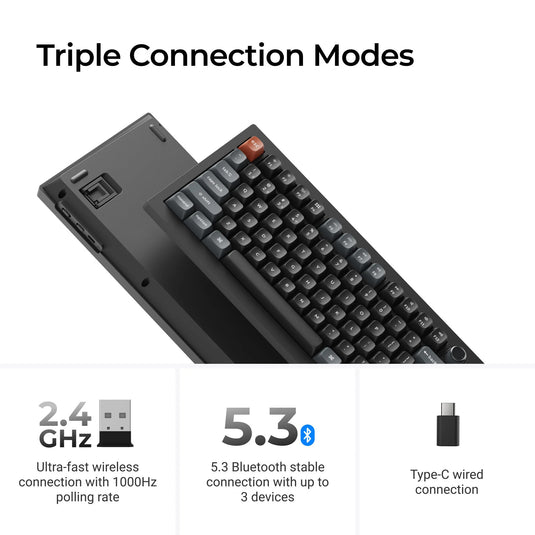 Keychron v3 ultra 8k wireless custom mechanical keyboard (zwart, us lay-out (qwerty), silk pom banana, 80% (tkl), rgb, hot swap, 2.4 ghz | bluetooth 5.3 | usb-c)