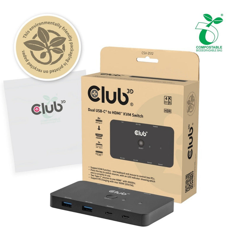 Afbeelding laden in galerijviewer, Club 3d csv-2512 kvm switch dual usb-c naar hdmi kvm-switch (zwart, 4k 60hz)

