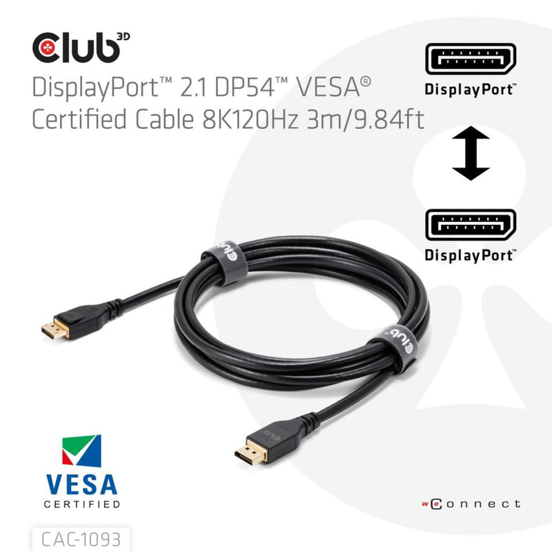 Afbeelding laden in galerijviewer, Club 3d displayport 2.1 vesa dp54 gecertificeerde kabel male-male (zwart, 3 meter, 4k 240hz, 8k 120hz, 54gbps)
