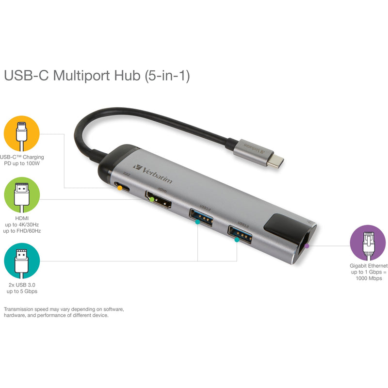 Afbeelding laden in galerijviewer, Verbatim usb 3.2 gen 1 multiport hub, usb-c > 2x usb-a + usb-c + hdmi + rj-45 usb-hub (zilver zwart, pd, opladen tot 100 watt)
