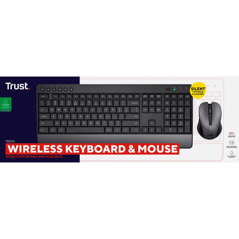 Afbeelding laden in galerijviewer, Trust trezo comfort draadloze toetsenbord- en muisset desktopset (zwart, us lay-out (qwerty), 100%)
