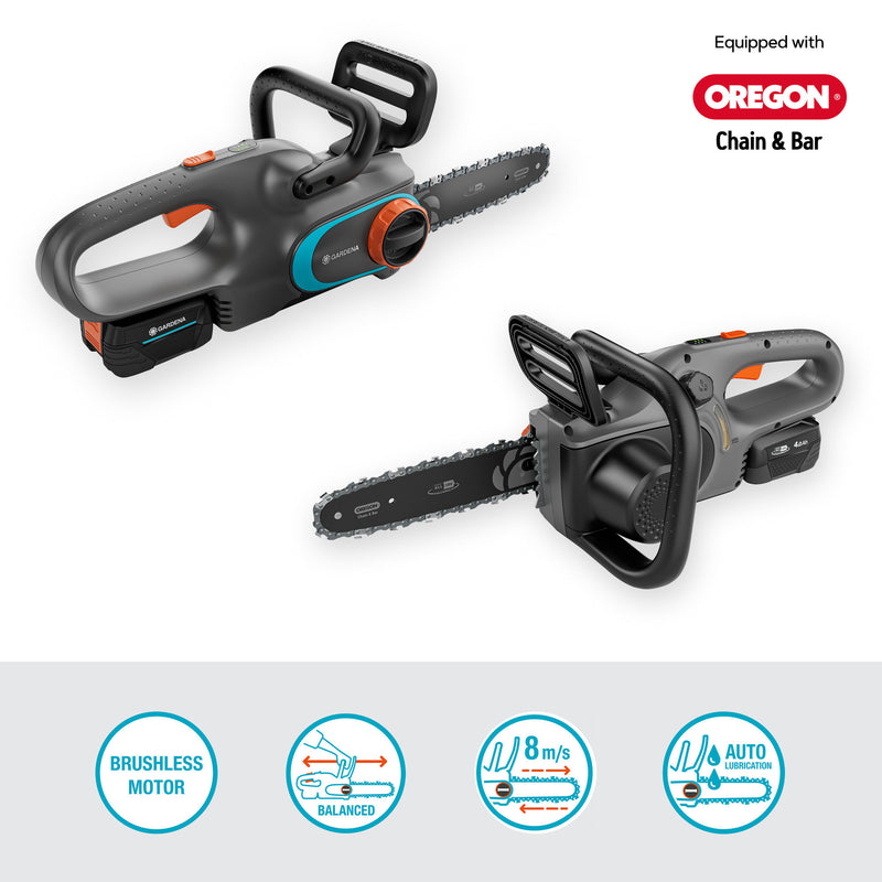 Afbeelding laden in galerijviewer, Gardena accukettingzaag powersaw 250 18v (grijs turquoise, accu en oplader inbegrepen, power for all alliance)
