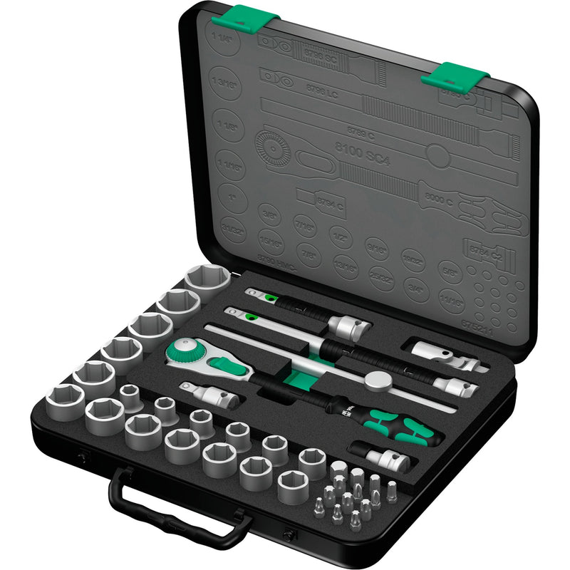 Afbeelding laden in galerijviewer, Wera 8100 sc 4 zyklop speed ratelset gereedschapsset (zwart groen, 38-delig, snelheidsratel met draaibare kop)
