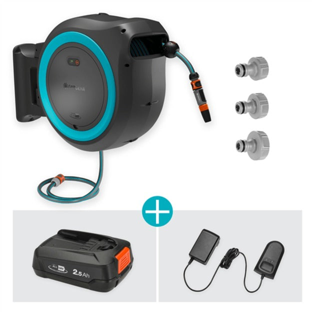 Afbeelding laden in galerijviewer, Gardena 35 m wand-slangenbox powerroll xl slanghaspel (grijs turquoise, 35 meter, accu en oplader inbegrepen, power for all alliance)
