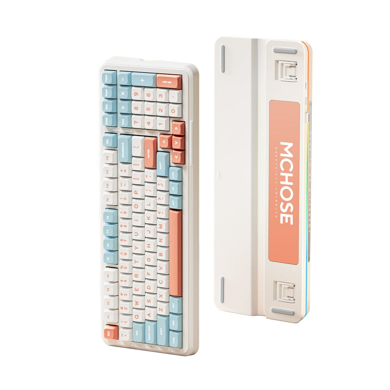 Afbeelding laden in galerijviewer, Mchose k99 horizon orange hyacinth wireless gasket mount mechanical rgb toetsenbord (wit, us lay-out (qwerty), ktt hyacinth, rgb, hot swap, double-shot pbt, draadloos | bluetooth | usb-c)
