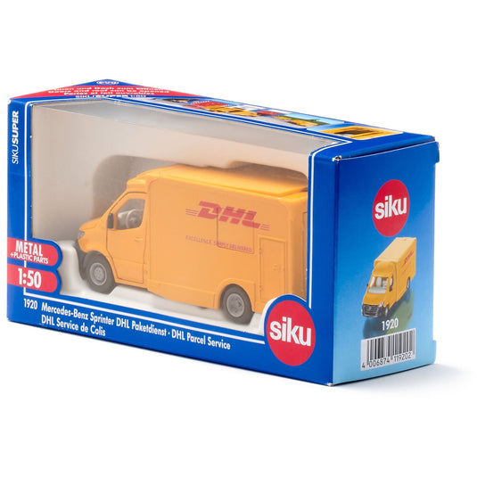 Siku 1920, mercedes-benz sprinter dhl pakketservice, 1:50, metaal kunststof, geel, speelgoedauto, deuren die open kunnen, afneembaar dak