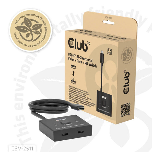 Club 3d usb-c bi-directional video + data + pd switch usb-switch (zwart)