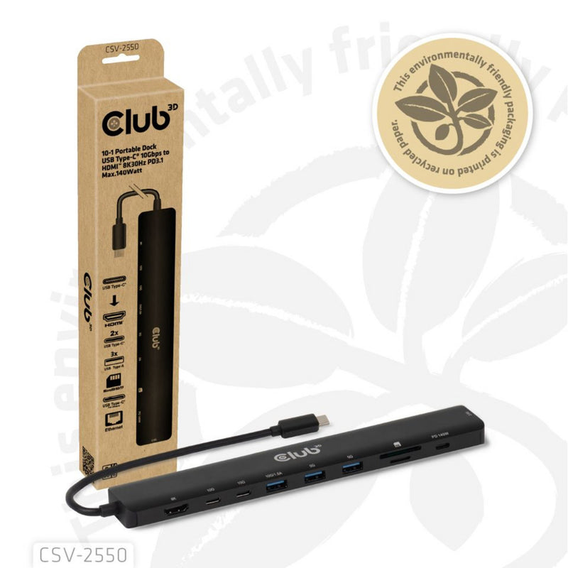 Afbeelding laden in galerijviewer, Club 3d 10-1 portable dock usb type-c 10gbps to hdmi 8k30hz pd3.1 max.140 watt dockingstation (zwart, hdmi, usb-c, lan)
