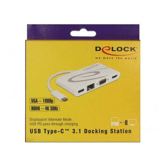 Delock usb-c 3.1 > hdmi + vga + lan + usb adapter (wit, 0,14 meter, 4k 30 hz)