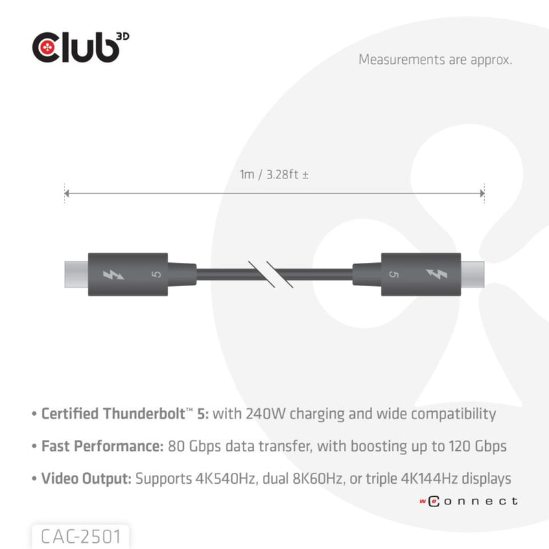 Afbeelding laden in galerijviewer, Club 3d gecertificeerde thunderbolt 5 kabel (zwart, 1 meter, 240 w)
