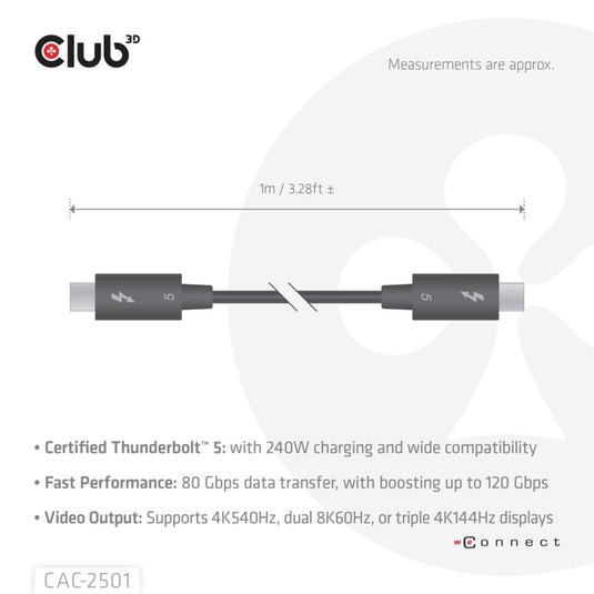 Club 3d gecertificeerde thunderbolt 5 kabel (zwart, 1 meter, 240 w)