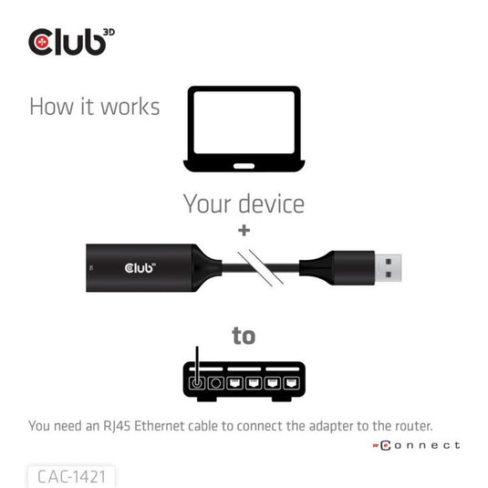 Club 3d usb-a naar rj45 ethernet 5gbps adapter (zwart)