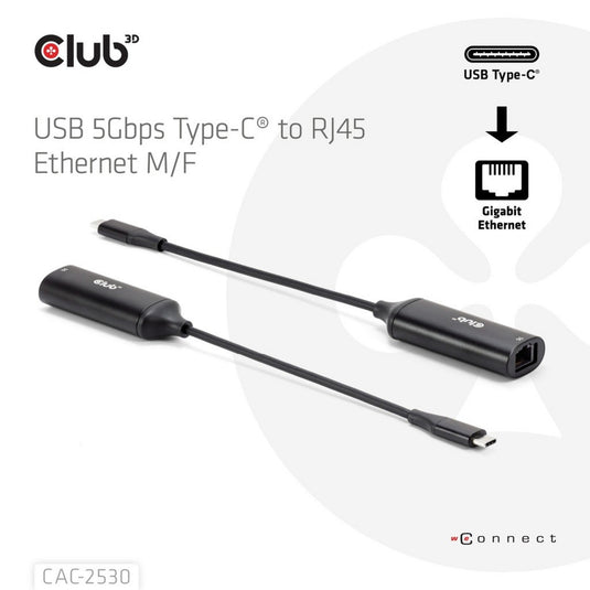 Club 3d usb-c naar rj45 5gbps ethernet m f adapter (zwart)