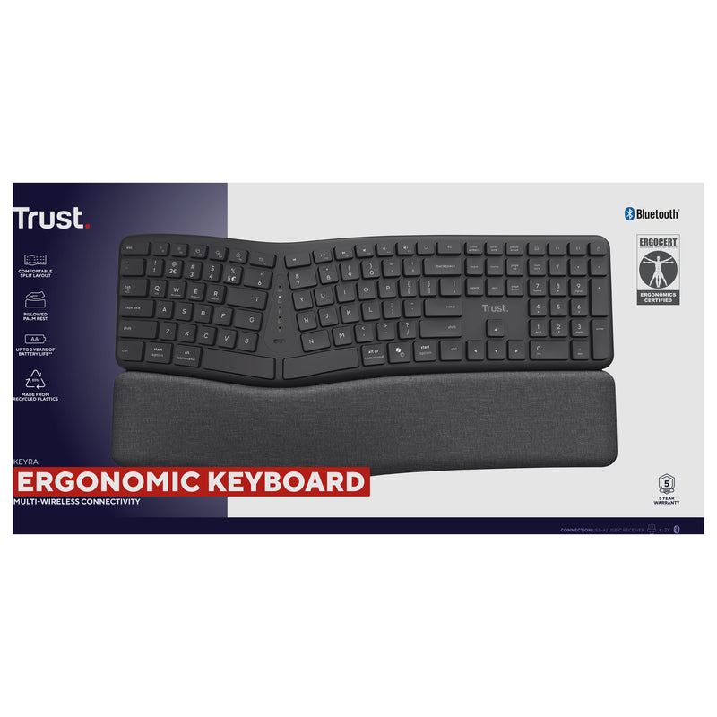 Afbeelding laden in galerijviewer, Trust keyra ergonomisch draadloos toetsenbord (zwart, us lay-out (qwerty), 100%, 2.4 ghz usb | bluetooth)
