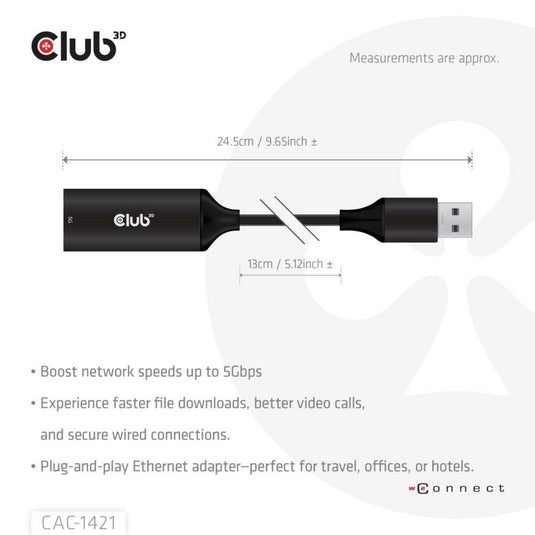 Club 3d usb-a naar rj45 ethernet 5gbps adapter (zwart)