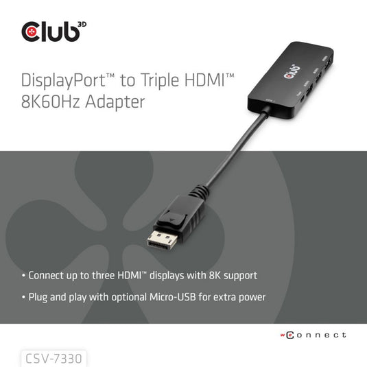 Club 3d displayport naar triple hdmi 8k60hz hub (zwart)