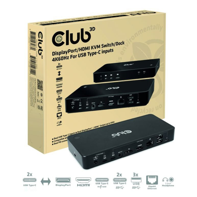 Afbeelding laden in galerijviewer, Club 3d displayport hdmi dock 4k60hz dockingstation (zwart, met kvm-functionaliteit)
