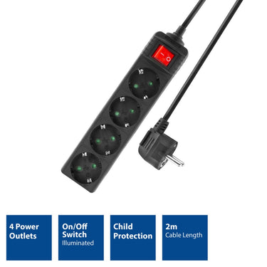 Act connectivity act stekkerdoos met lichtgevende schakelaar, 4 sockets, 2 m, zwart ac2440