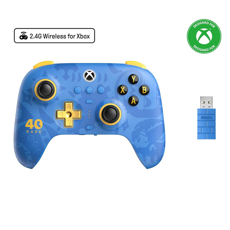 Afbeelding laden in galerijviewer, 8bitdo ultimate 3-mode controller for xbox - rare 40th anniversary edition (blauw goud, xbox series x|s, xbox one, pc, bluetooth usb-c 2.4 ghz )

