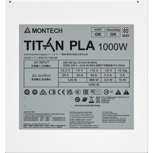 Montech titan pla modulaire 1000 watt voeding (wit, 2x pcie)