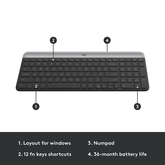 Logitech mk470 slim draadloze desktopset (zwart, us-international lay-out (qwerty), scissor switches, 100%, 1000 dpi)