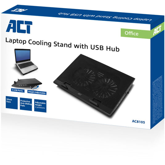 Act connectivity laptopstandaard, met ventilator, hoogte verstelbaar in 2 standen (zwart, 4-poorts usb 2.0 hub)