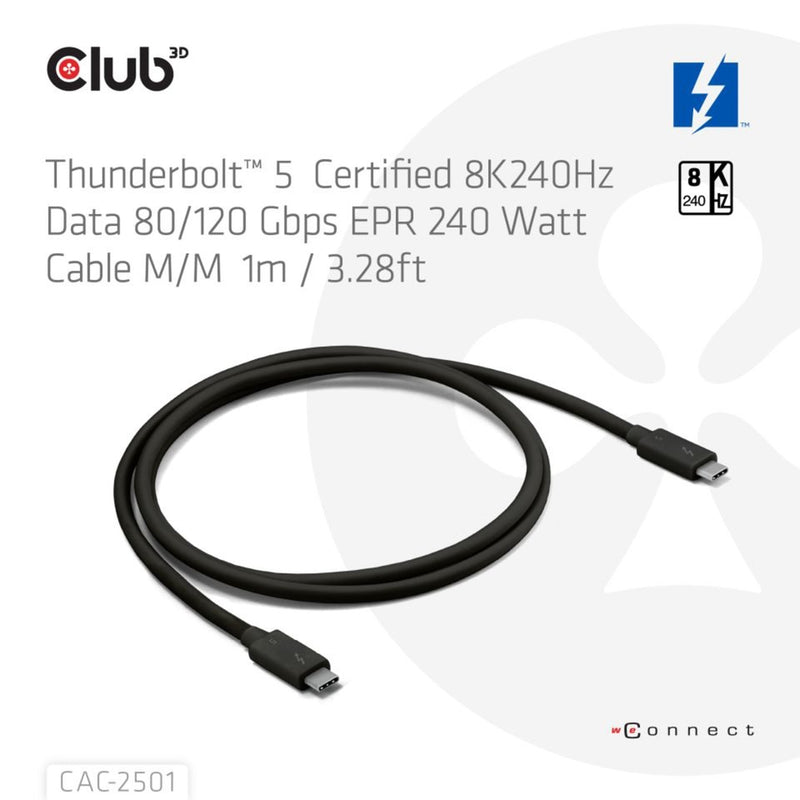 Afbeelding laden in galerijviewer, Club 3d gecertificeerde thunderbolt 5 kabel (zwart, 1 meter, 240 w)
