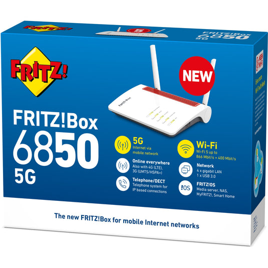 Fritz! box 6850 5g international wlan lte router (wit rood, mesh wi-fi, 4g (lte), 3g (umts hspa+)