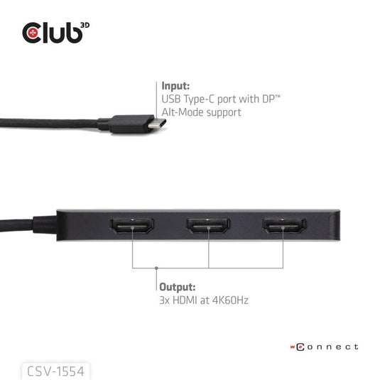 Club 3d usb-c naar 3x hdmi hub (zwart)