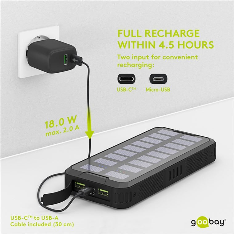 Afbeelding laden in galerijviewer, Goobay outdoor solar power bank 20,000 mah with power delivery powerbank (zwart)
